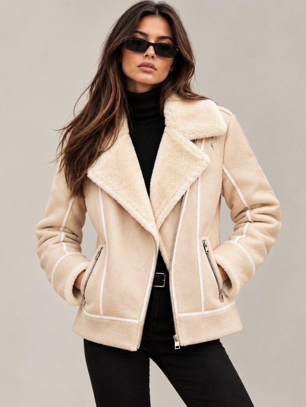PrettyLittleThing Y2K 90s Faux Fur Shearling Aviator Jacket US4 Moto Biker